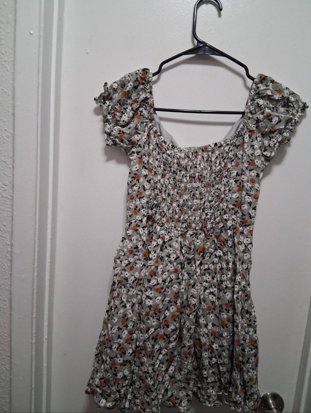 Floral Smocked Mini Dress in White and Tan